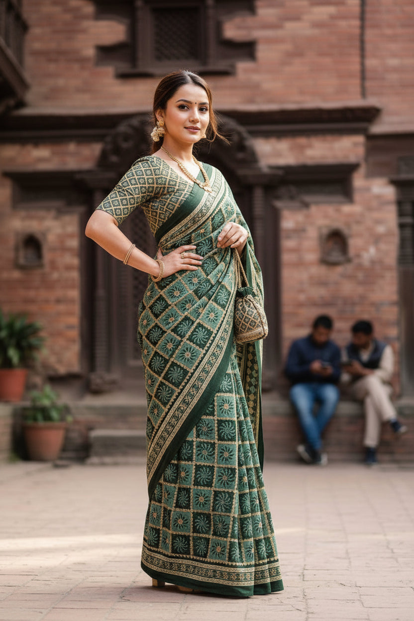 Mulmul Cotton Ajrakh Printed Saree With Unstitched Blouse(Green)