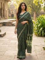 Load image into Gallery viewer, Pure Soft Mulmul Cotton Printed Saree With Unstitched Blouse(Green)
