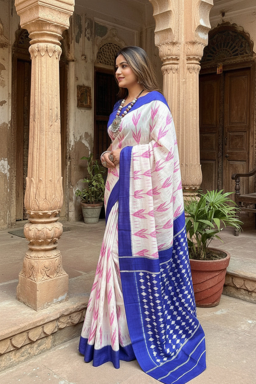 Mulmul Cotton Bagru- Printed Saree With Unstitched Blouse(Baby Pink)