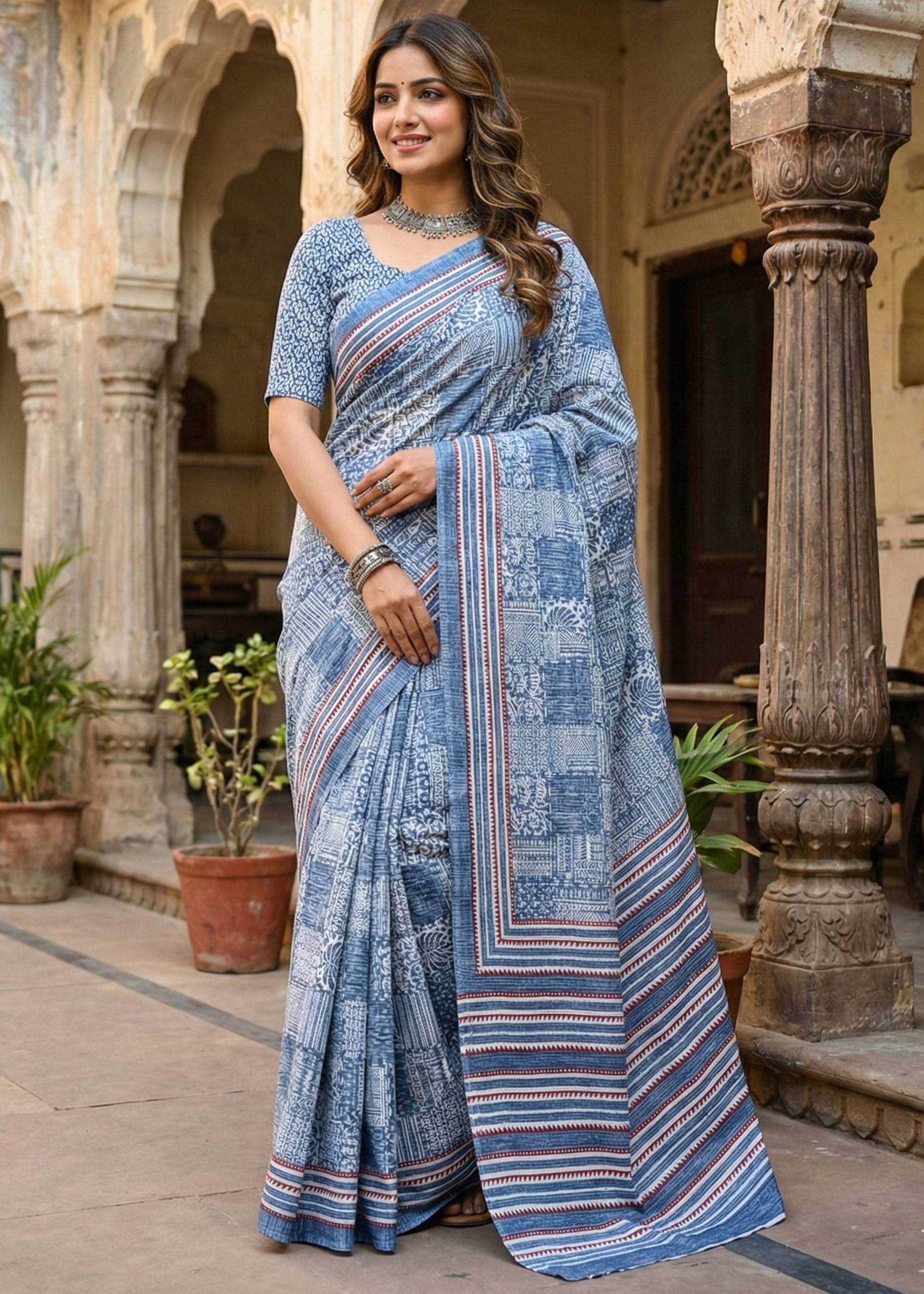 Soft Pure Cotton Bagru-Printed Saree With Unstitched Blouse(Sky Blue)