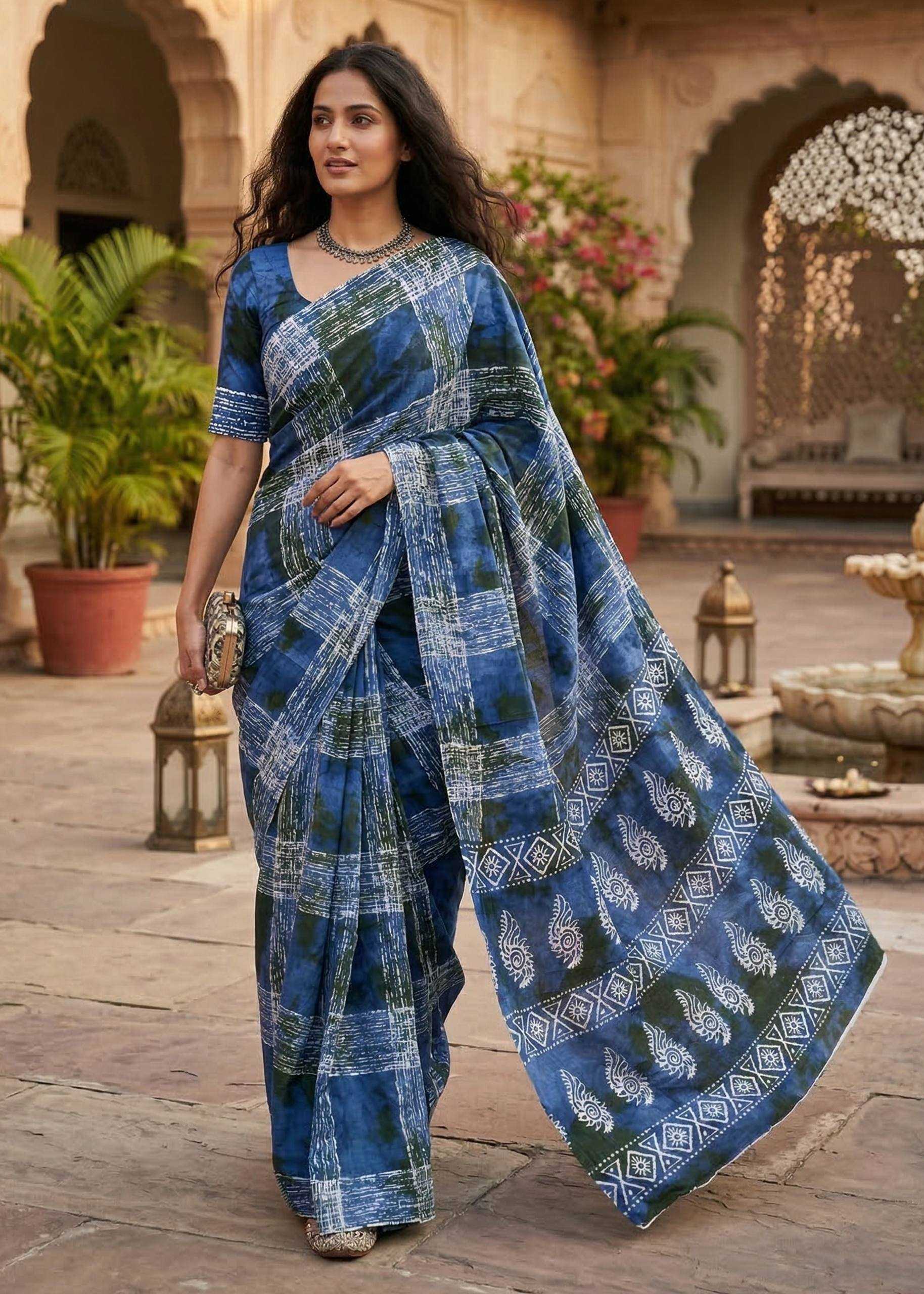 Mulmul Cotton Printed Saree With Unstitched Blouse(Blue)