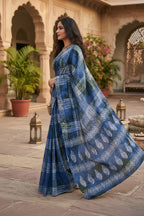 Mulmul Cotton Printed Saree With Unstitched Blouse(Blue)