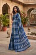 Mulmul Cotton Printed Saree With Unstitched Blouse(Blue)