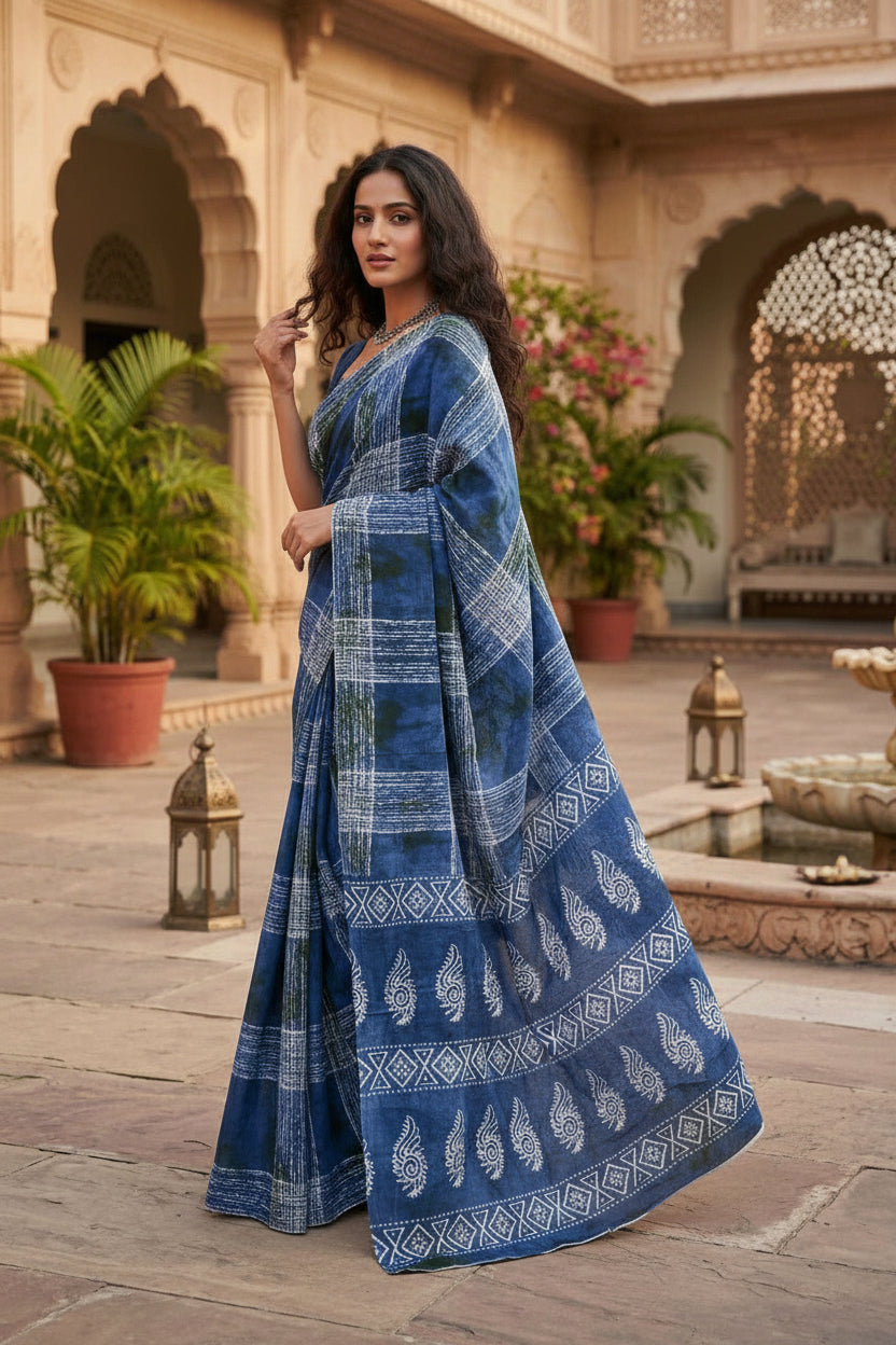 Mulmul Cotton Printed Saree With Unstitched Blouse(Blue)