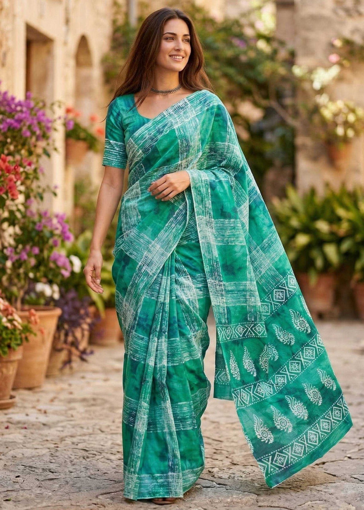 Mulmul Cotton Printed Saree With Unstitched Blouse(Teal)