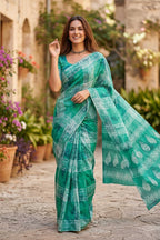Mulmul Cotton Printed Saree With Unstitched Blouse(Teal)