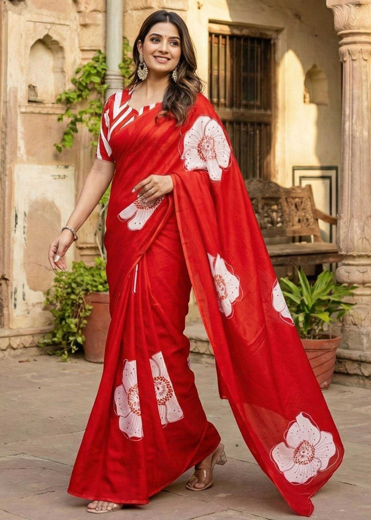 Cotton Block Flower Print Saree With Unstitched Blouse(Red)