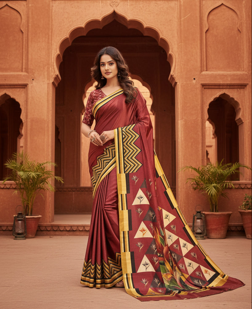Premium Crepe Silk Digital Floral Print Saree With Unstitched Blouse(Red)