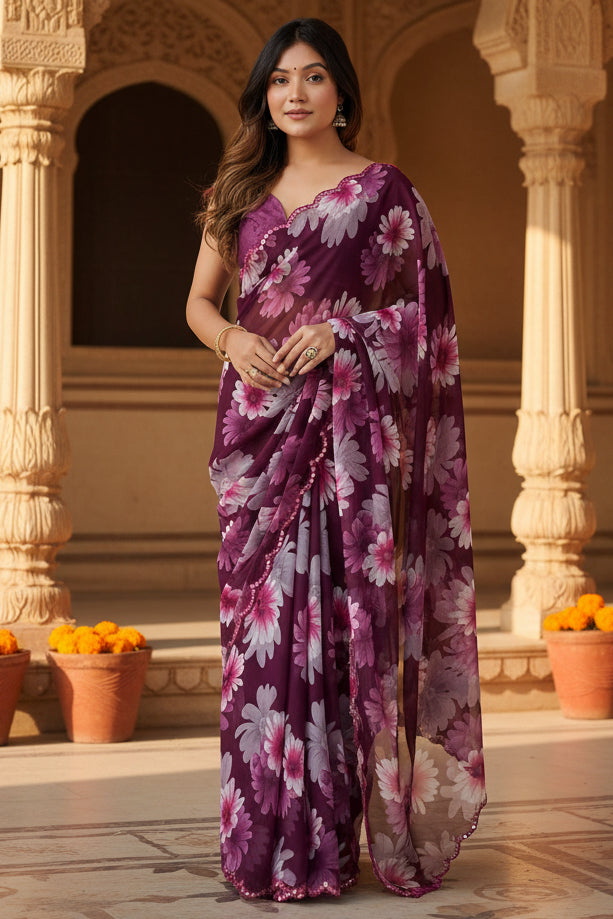 Georgette Floral Printed Saree With Unstitched Blouse(Wine)