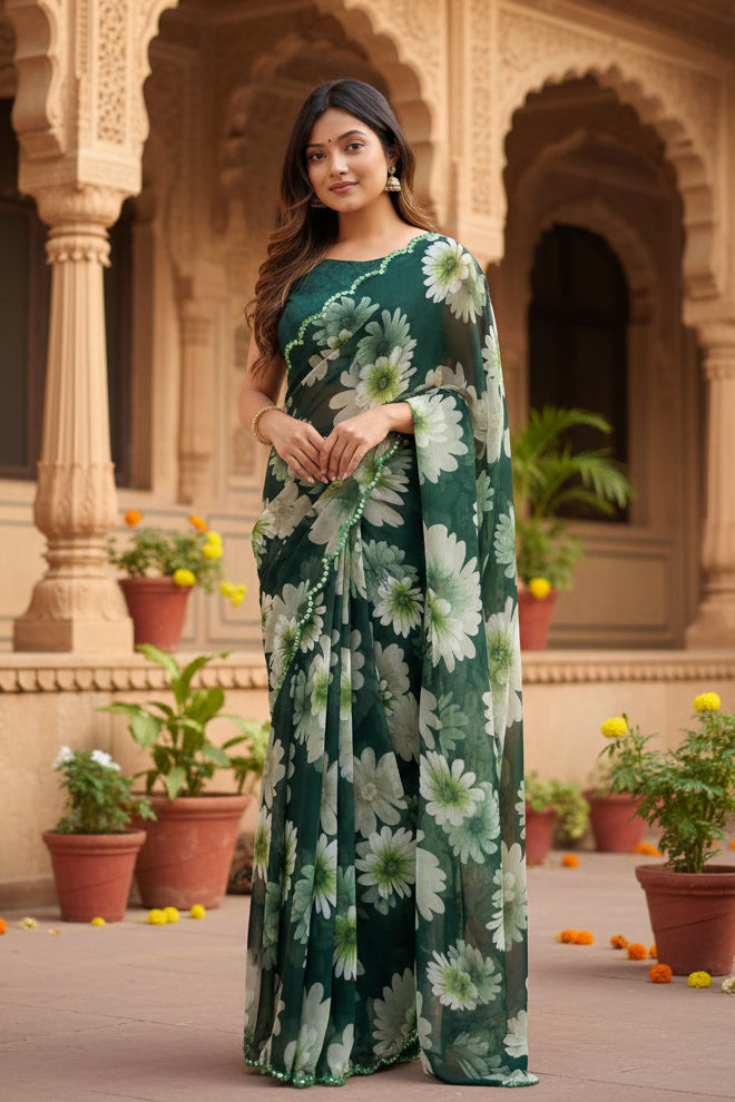 Georgette Floral Printed Saree With Unstitched Blouse(Green)