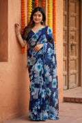 Georgette Floral Printed Saree With Unstitched Blouse(Blue)