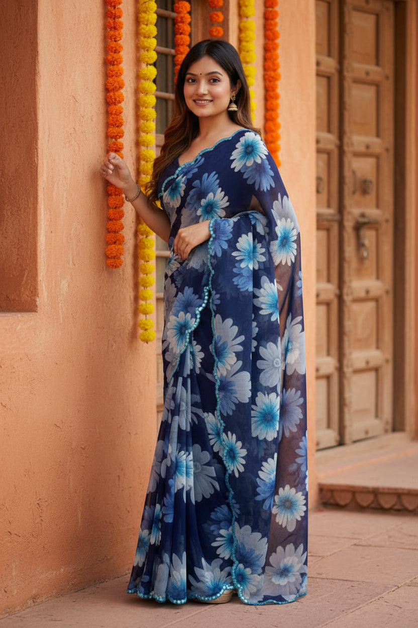 Georgette Floral Printed Saree With Unstitched Blouse(Blue)
