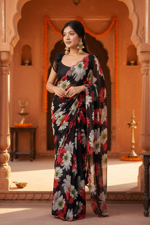 Georgette Floral Printed Saree With Unstitched Blouse(Black)