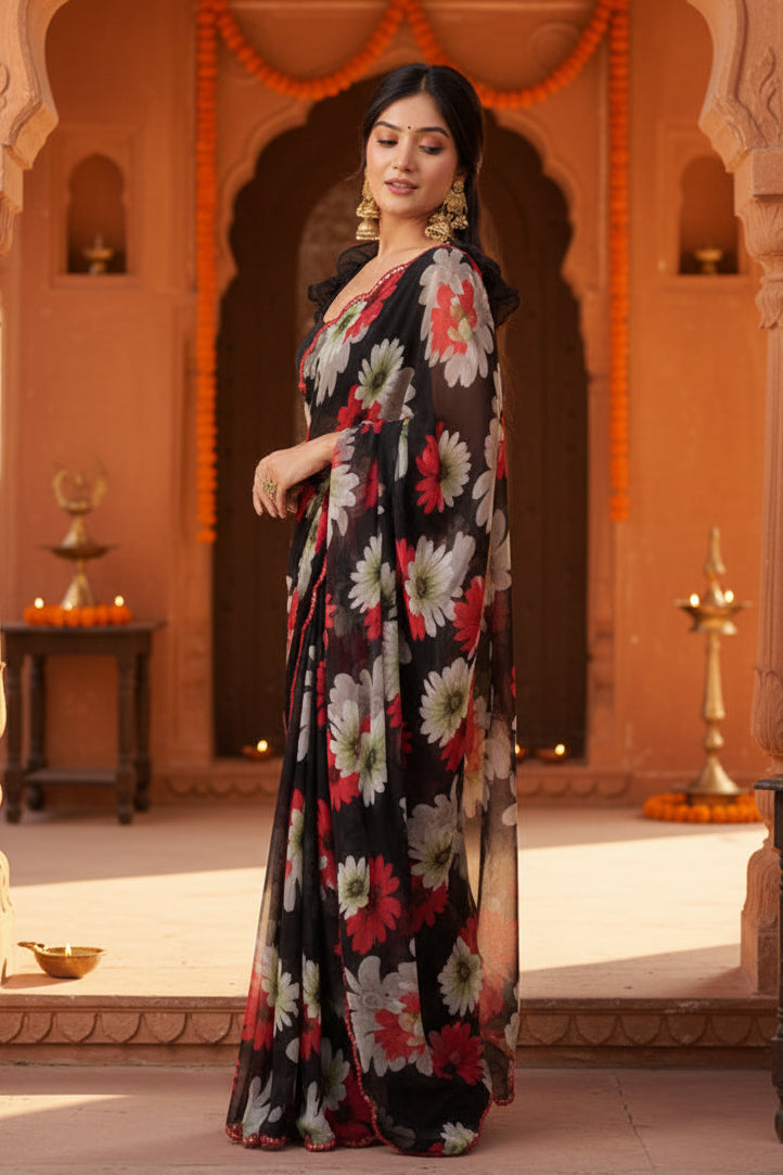Georgette Floral Printed Saree With Unstitched Blouse(Black)