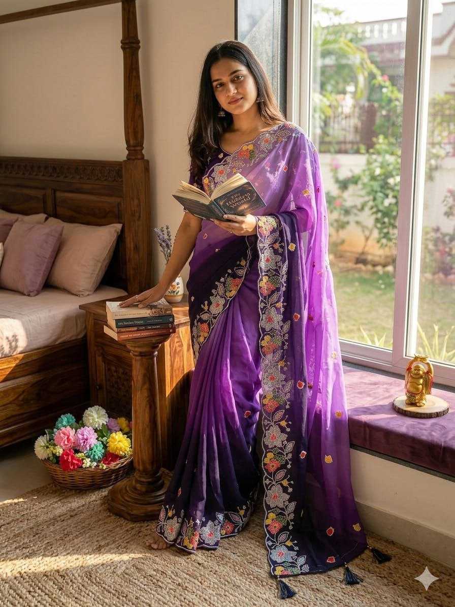 Georgette Embroidery Work Saree With Unstitched Blouse(Purple)