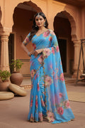 Georgette Floral Print Saree With Unstitched Blouse(Blue)