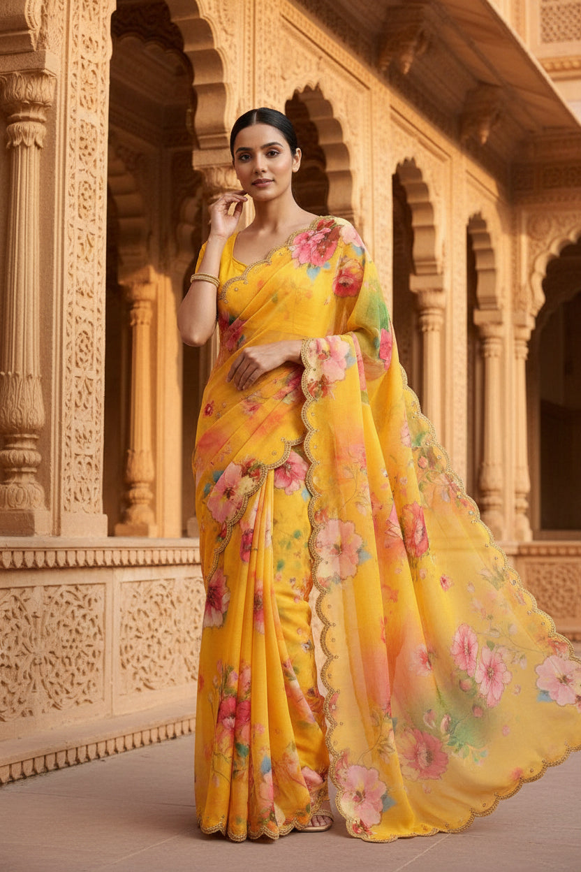 Georgette Floral Print Saree With Unstitched blouse(Yellow)