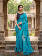 Georgette Sequins Work Saree With Unstitched Blouse(Blue)