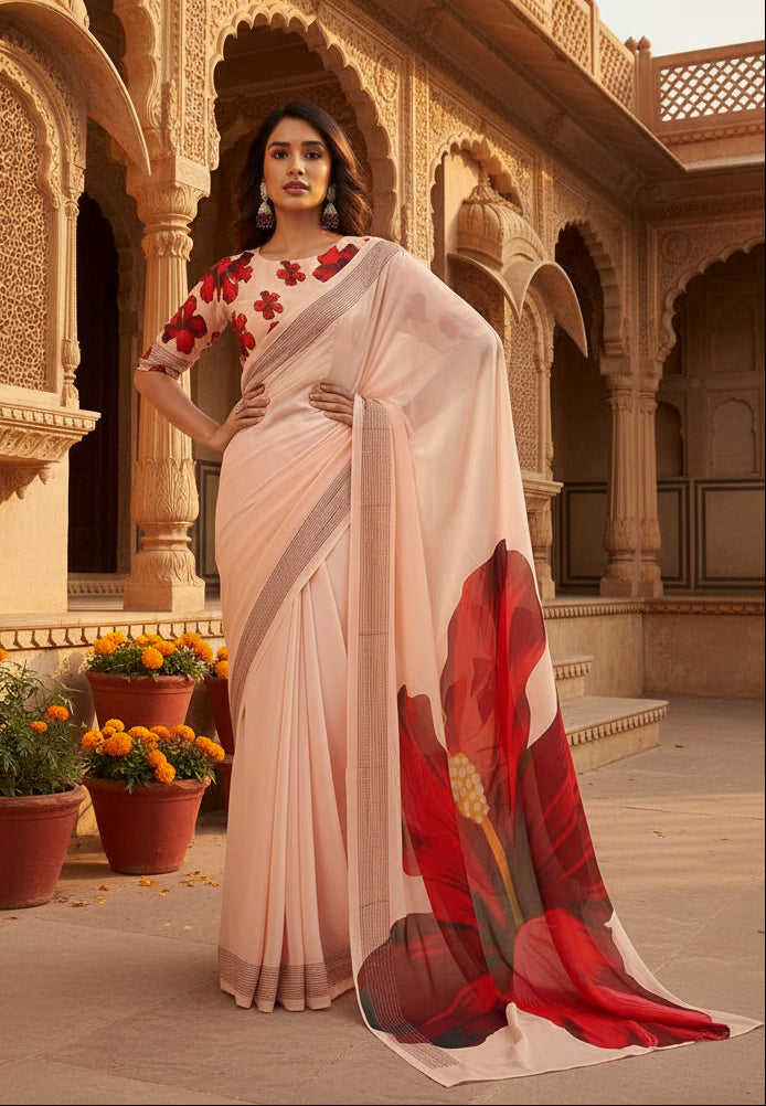 Georgette Digital Print Saree With Unstitched Blouse(Cream)