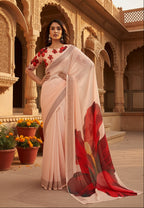 Georgette Digital Print Saree With Unstitched Blouse(Cream)