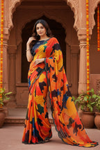 Georgette Digital Print Saree With Unstitched Blouse(Multicolor)