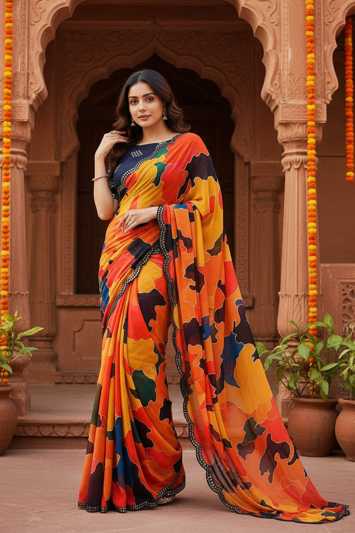 Georgette Digital Print Saree With Unstitched Blouse(Multicolor)
