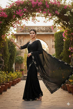 Georgette Saree With Unstitched Blouse(Black)
