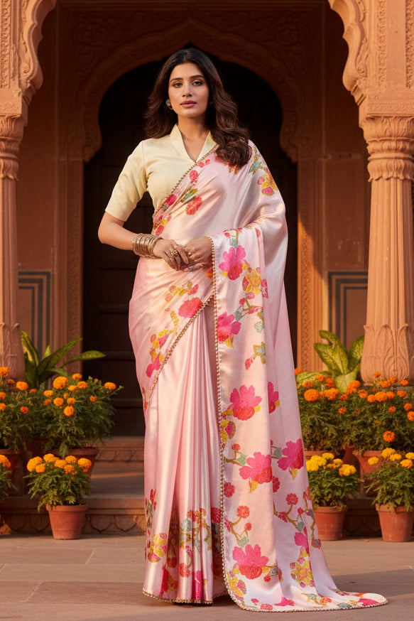 Satin Silk Party Wear Saree With Unstitched Blouse(Light Pink)