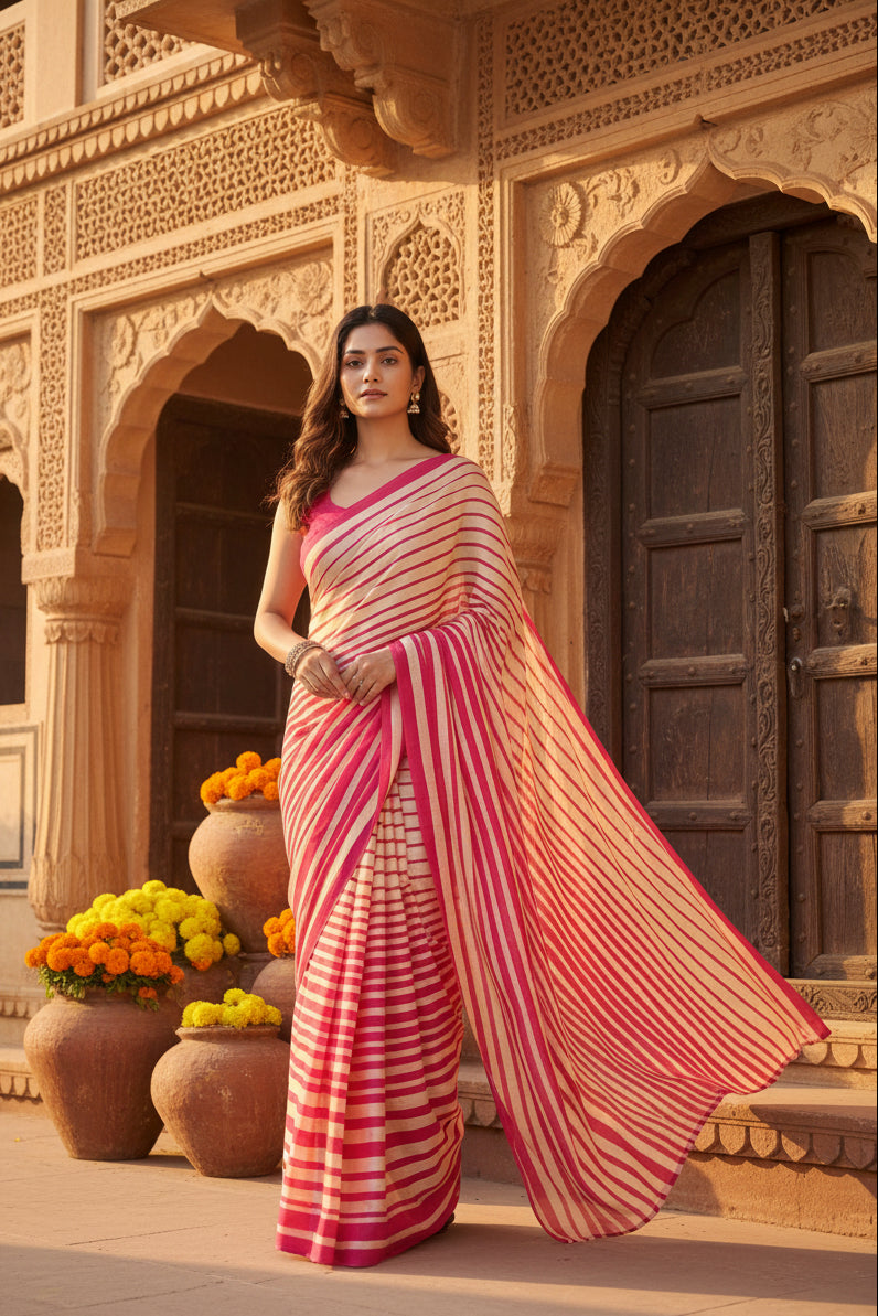 Satin silk  printed saree with unstitched blouse(white)