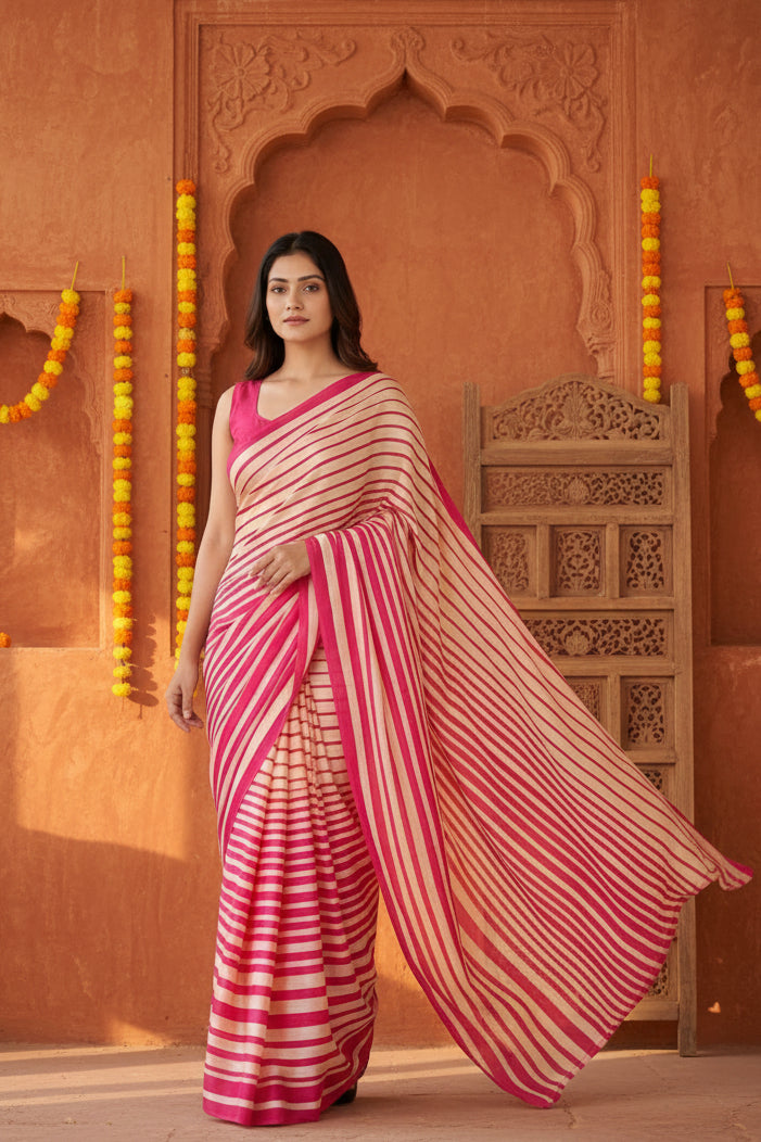 Satin Silk  Printed Saree With Unstitched Blouse(white)