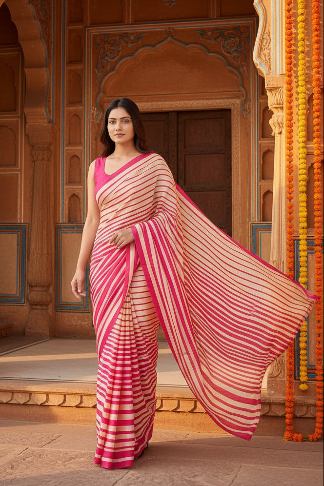 Satin Silk  Printed Saree With Unstitched Blouse(white)