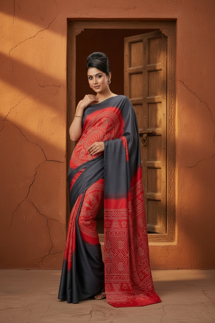 Satin Silk Printed Saree With Unstitched Blouse(Red)