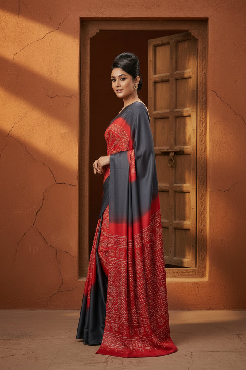 Satin Silk Printed Saree With Unstitched Blouse(Red)