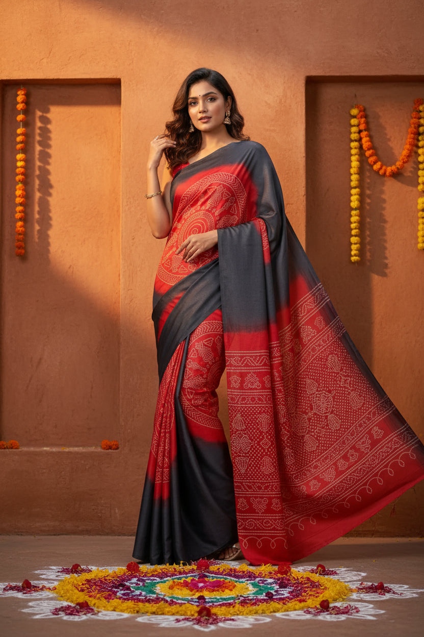 Satin Silk Printed Saree With Unstitched Blouse(Red)