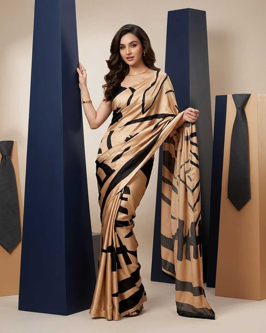 Satin Silk Sarees  With Unstitched Blouse(Golden)