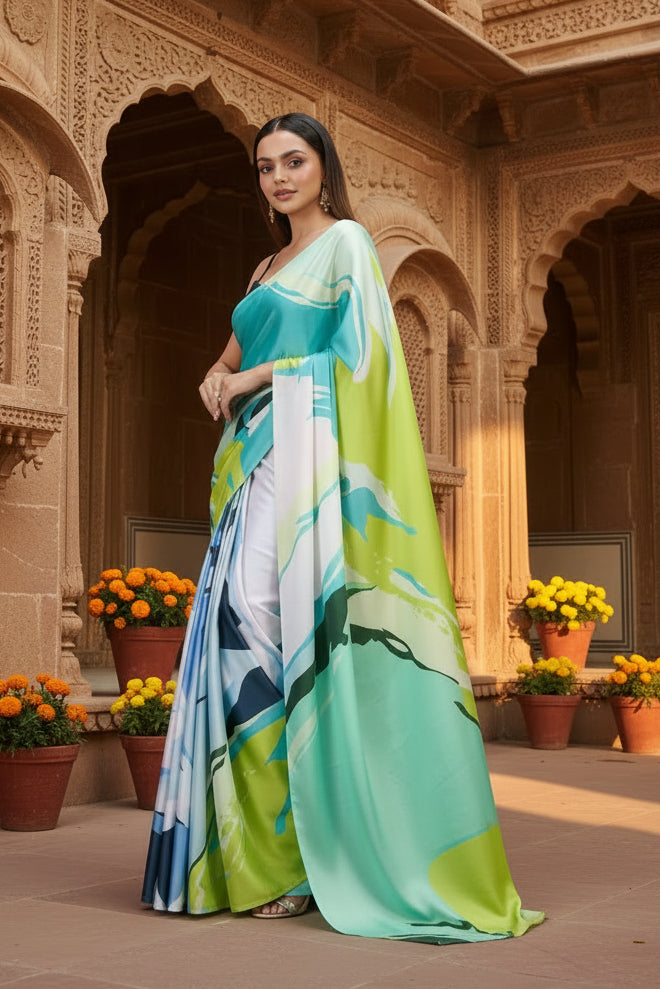 Satin Silk Printed Saree With Unstitched Blouse(Green)