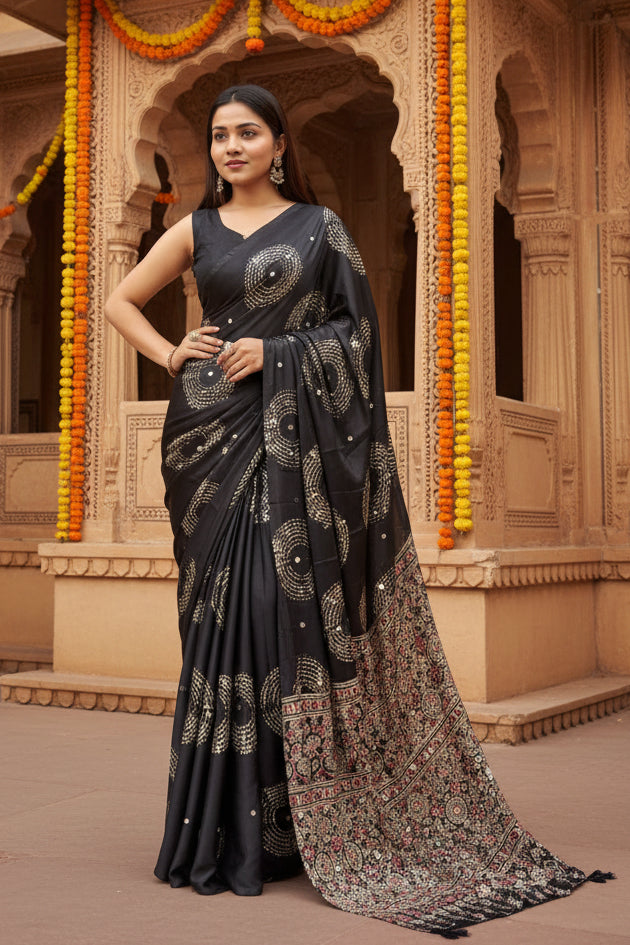 Satin Silk Heavy Mirror Work Saree With Unstitched Blouse (Black)