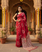 Satin Silk Heavy Mirror Work Saree With Unstitched Blouse(Red)