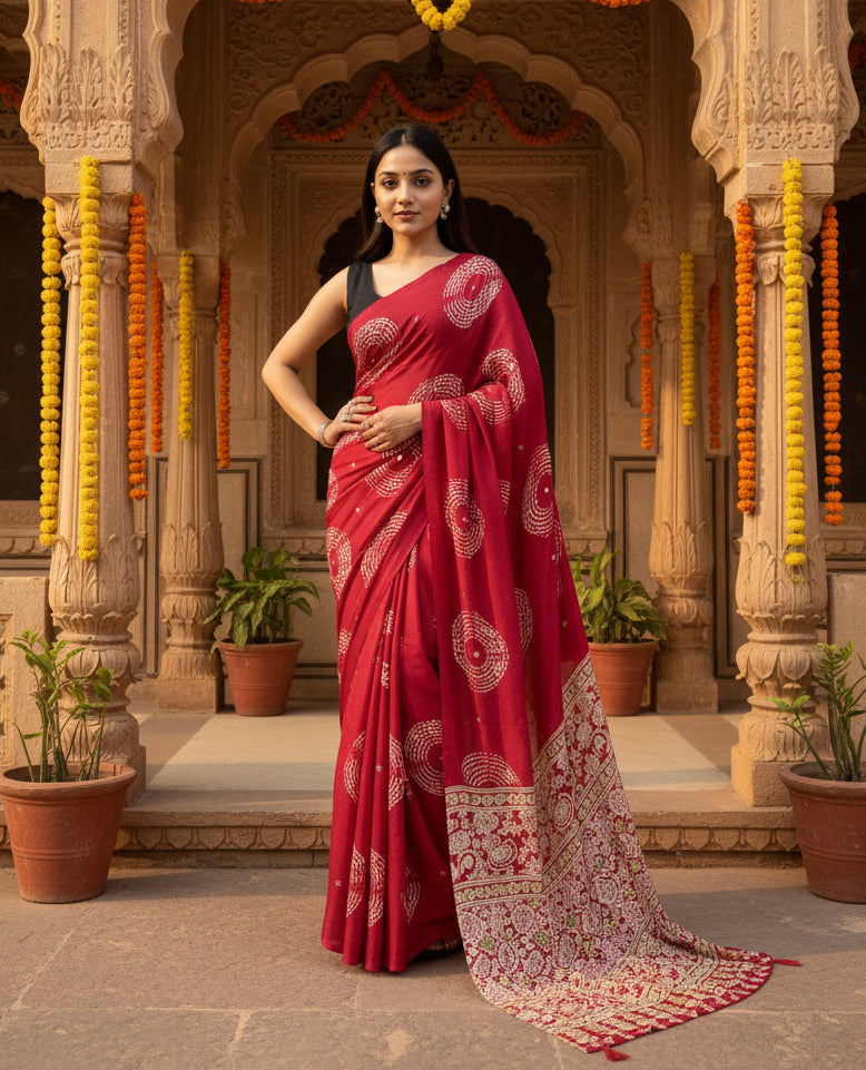Satin Silk Heavy Mirror Work Saree With Unstitched Blouse(Red)
