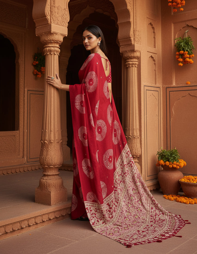 Satin Silk Heavy Mirror Work Saree With Unstitched Blouse(Red)