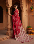 Satin Silk Heavy Mirror Work Saree With Unstitched Blouse(Red)