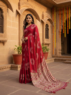 Satin Silk Heavy Mirror Work Saree With Unstitched Blouse(Red)
