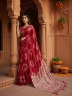 Satin Silk Heavy Mirror Work Saree With Unstitched Blouse(Red)