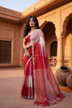 Pure Linen Zari Border Chex Print Saree With Unstitched Blouse(Red)