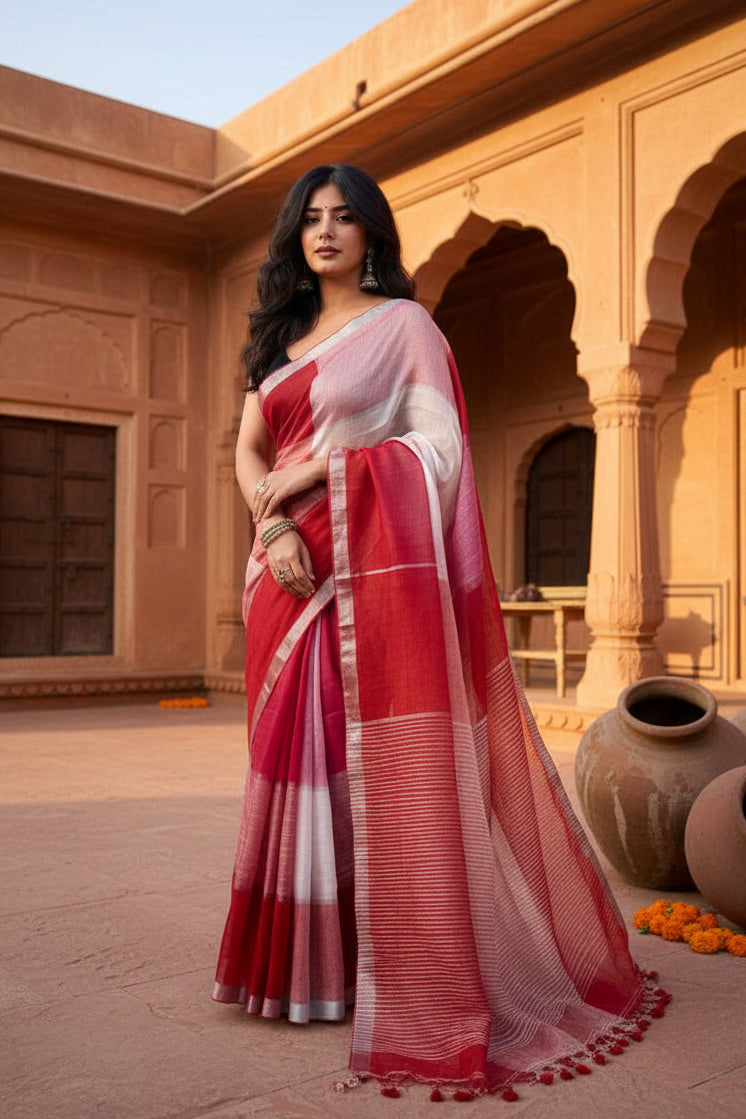 Pure Linen Zari Border Chex Print Saree With Unstitched Blouse(Red)