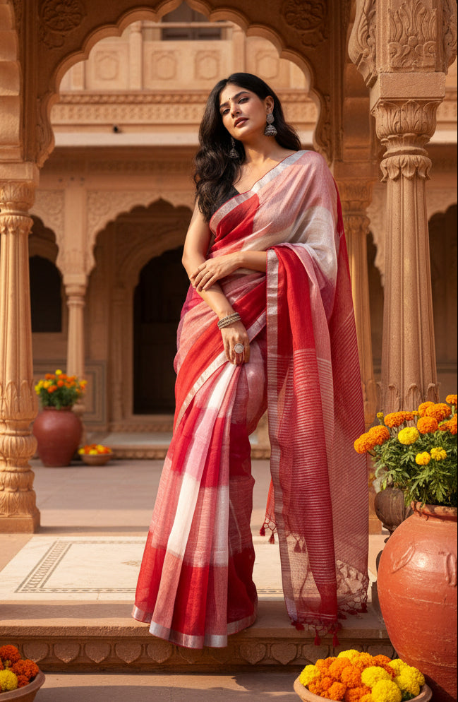 Pure Linen Zari Border Chex Print Saree With Unstitched Blouse(Red)
