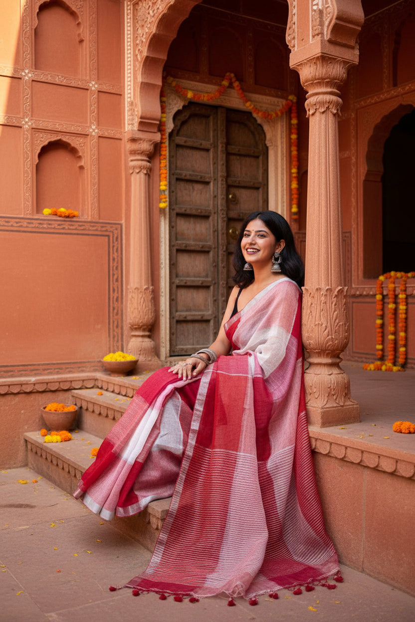 Pure Linen Zari Border Chex Print Saree With Unstitched Blouse(Red)