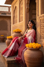 Pure Linen Zari Border Chex Print Saree With Unstitched Blouse(Red)