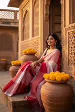 Load image into Gallery viewer, Pure Linen Zari Border Chex Print Saree With Unstitched Blouse(Red)
