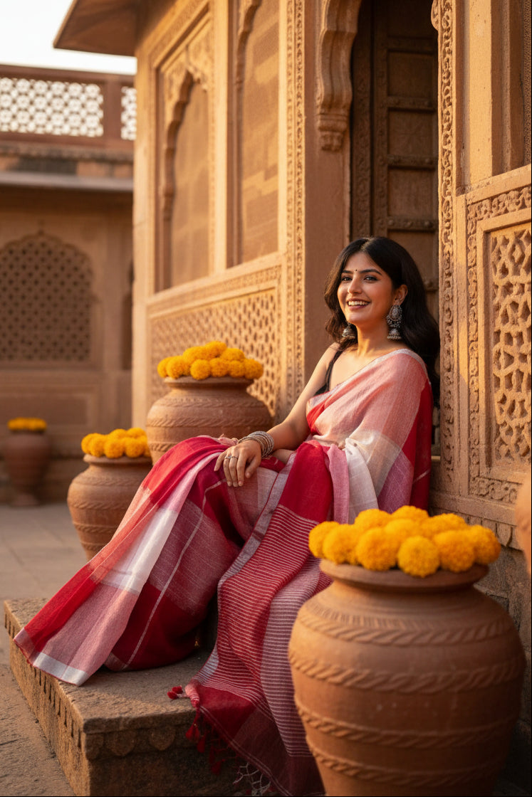Pure Linen Zari Border Chex Print Saree With Unstitched Blouse(Red)